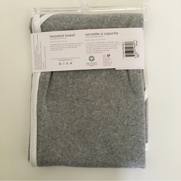 NEW Burt's Bees Baby Organic Cotton Hooded Towel Gray 29” x 29” - Picture 3 of 6